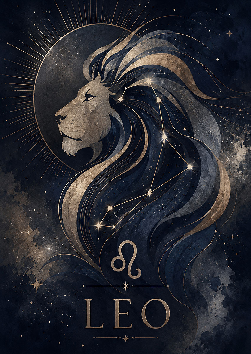 Artwork depicting a lion in a celestial setting with stars and the Leo symbol.