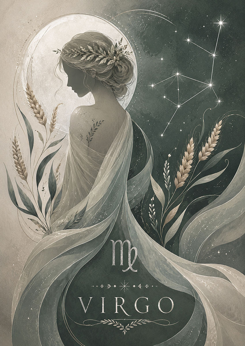 Ethereal artwork of a Virgo zodiac figure with flowing drapery and botanical elements against a soft backdrop.
