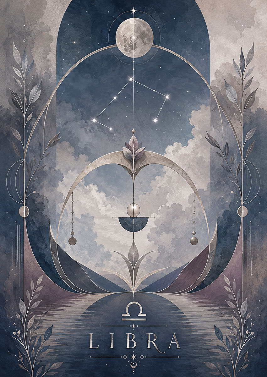 Intricate Libra zodiac artwork featuring celestial elements and floral designs.