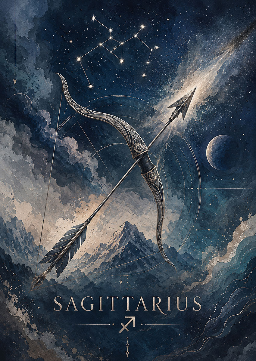 Detailed artwork of Sagittarius zodiac sign featuring a bow and arrow set against a cosmic backdrop.