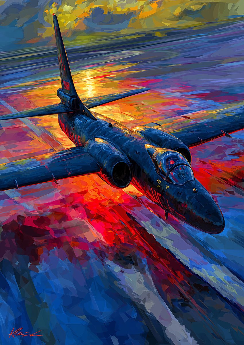 Dramatic artwork of a bright black military jet aircraft flying over a colourful landscape at sunset.