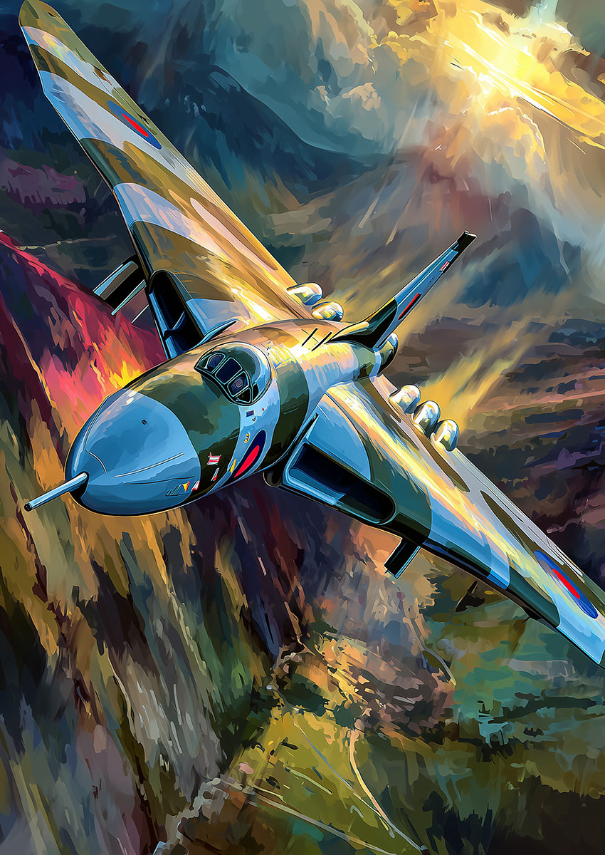 Dramatic artwork of a military jet aircraft flying through a vibrant sky with colourful clouds.