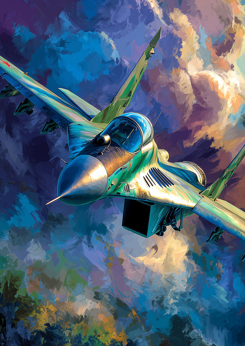 Dramatic artwork of a bright green military jet aircraft flying through colourful storm clouds.