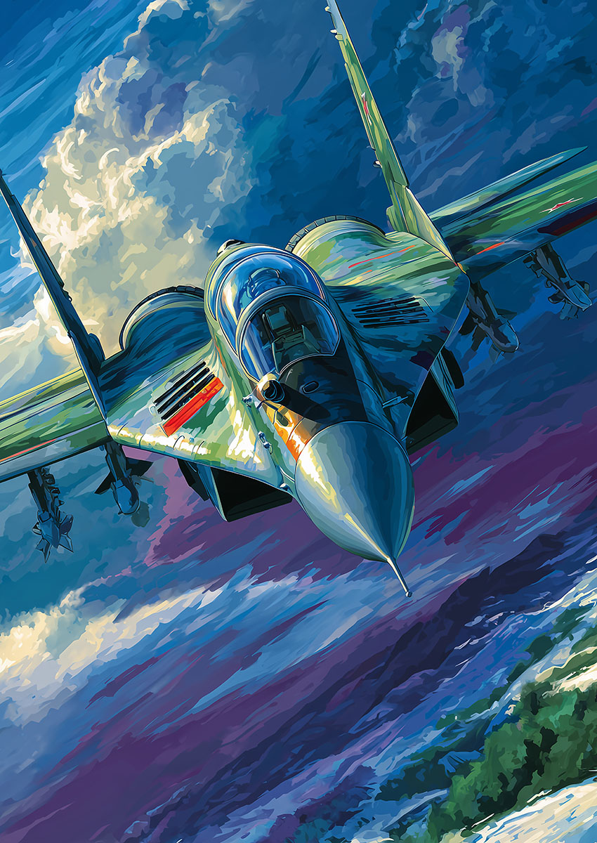 Dramatic artwork of a fighter jet aircraft soaring through vibrant clouds with a scenic backdrop.