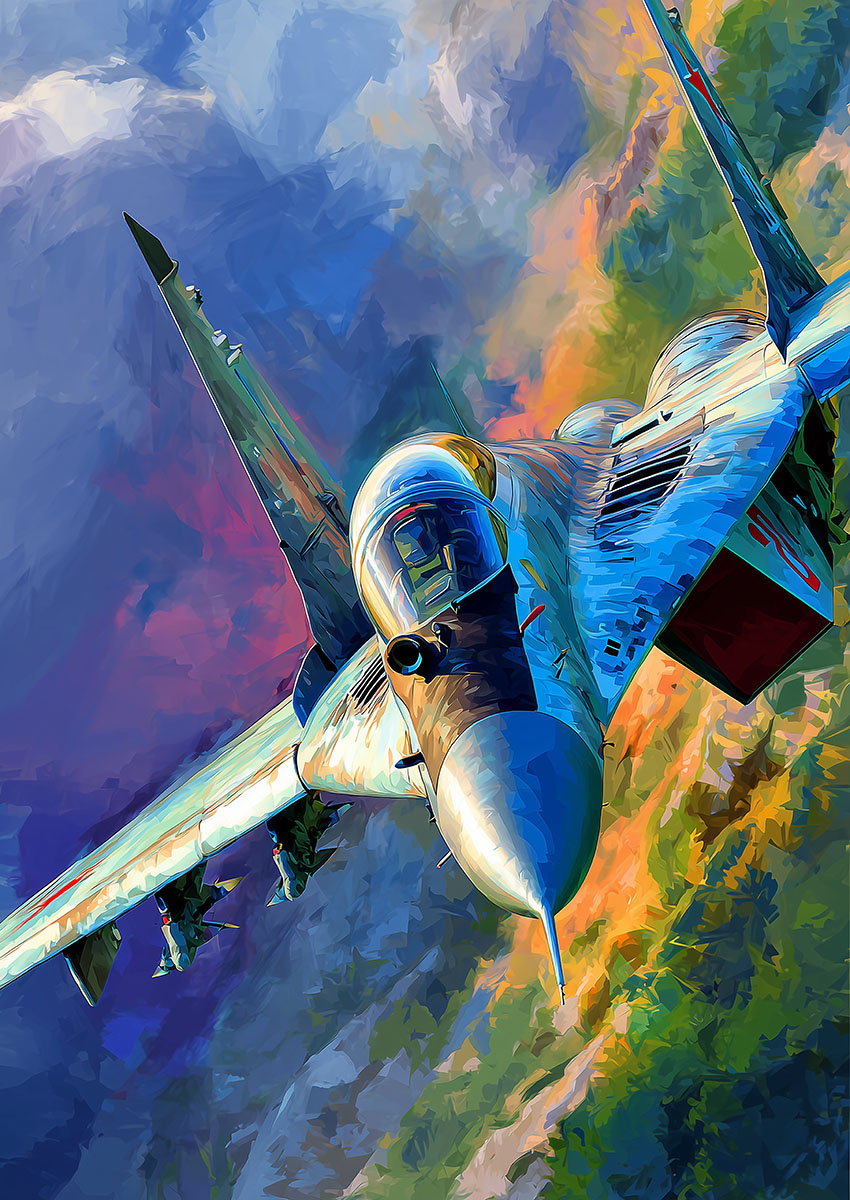 Dramatic artwork of a dynamic bright blue fighter jet soaring through a vibrant sky with clouds.