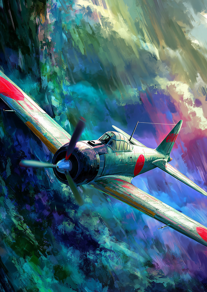 Dramatic artwork of a vibrant green military aircraft flying through a colourful sky.