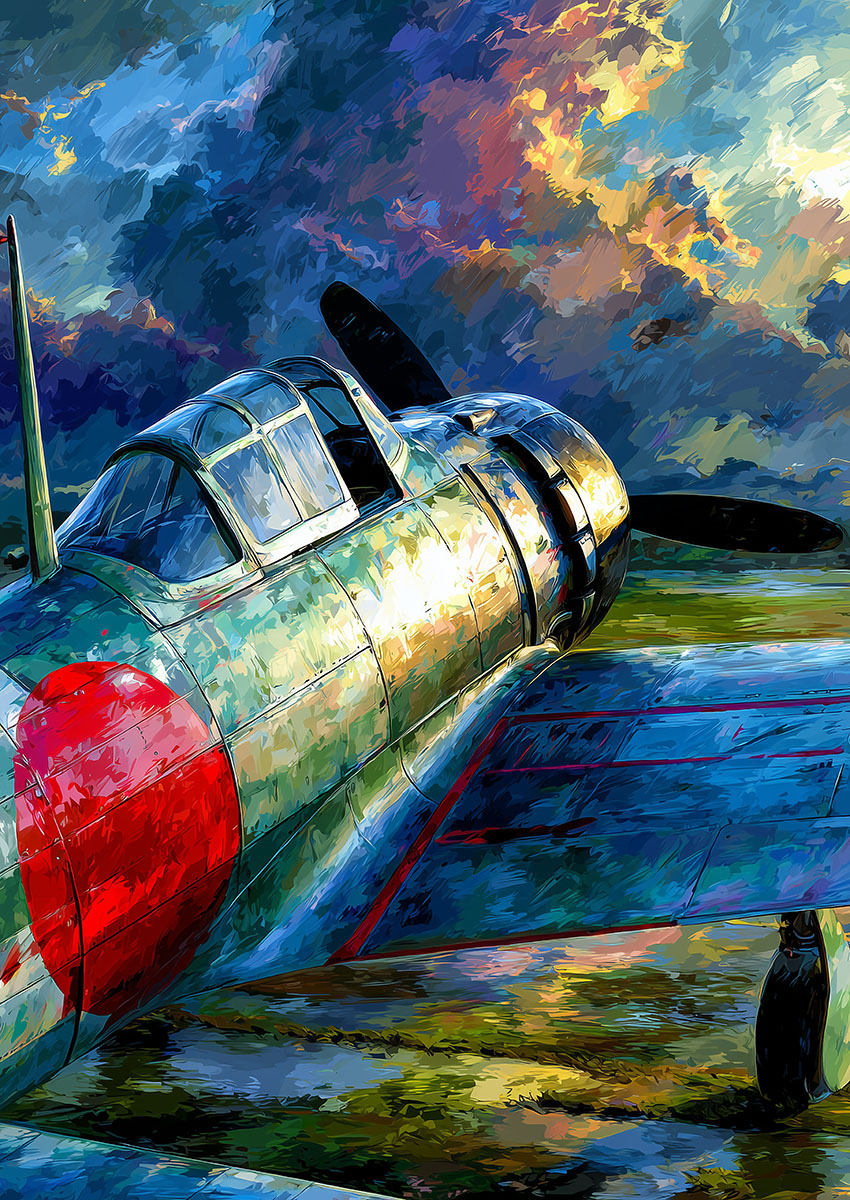 Dramatic artwork of a vibrant blue military aircraft on a runway with stormy skies.