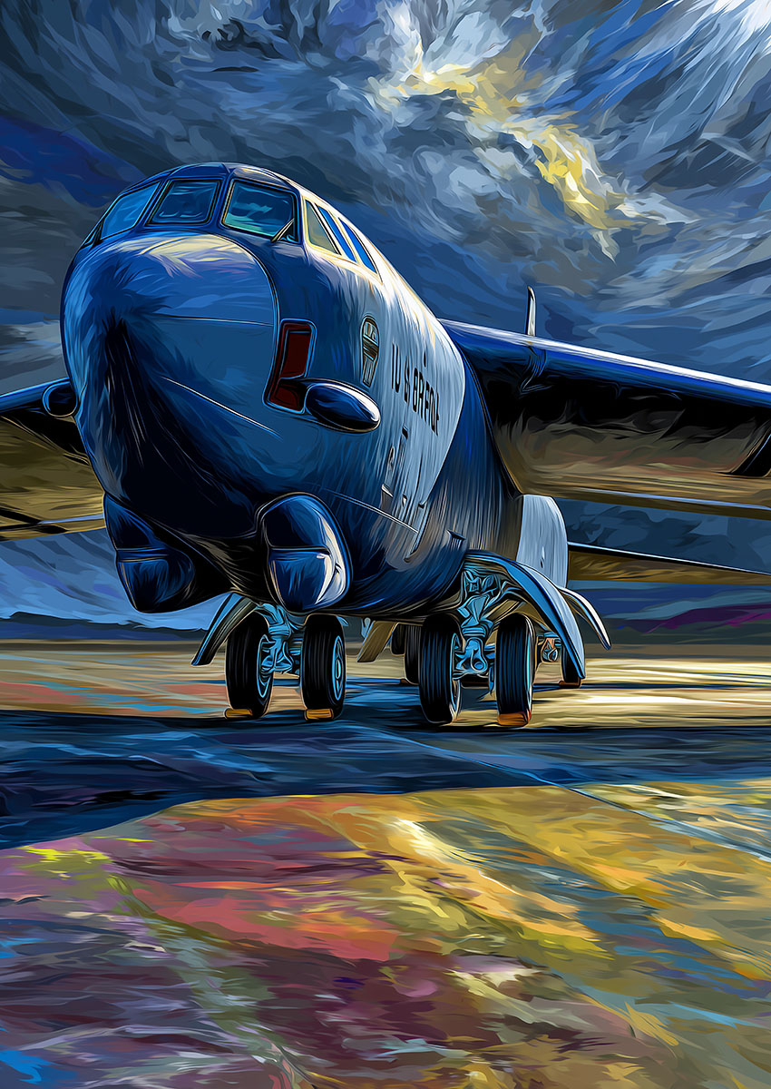 Dramatic artwork of a B-52 Stratofortress style bomber on the runway with a stormy sky.