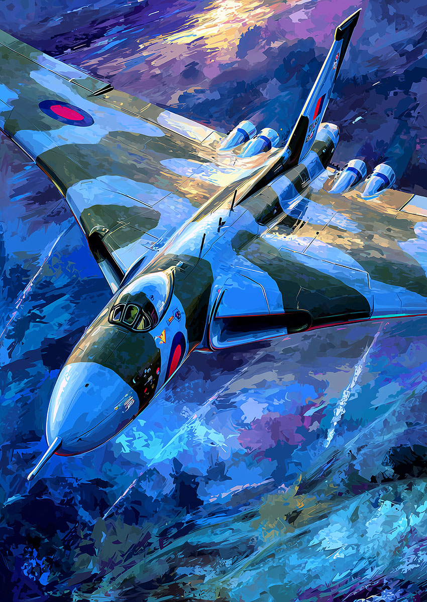 Dramatic artwork of a vibrant blue military jet aircraft soaring through a dramatic sky.