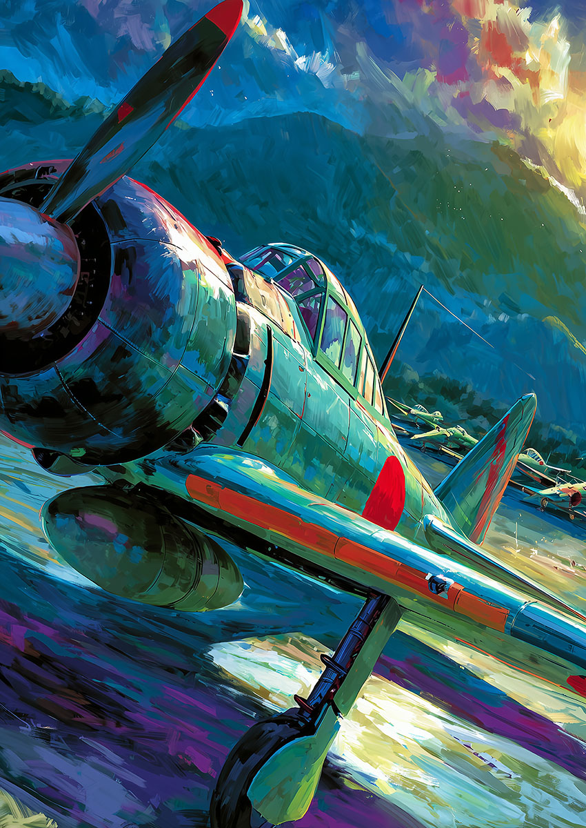 Vibrant artwork of a bright colourful military aircraft on a reflective runway with mountains in the background.