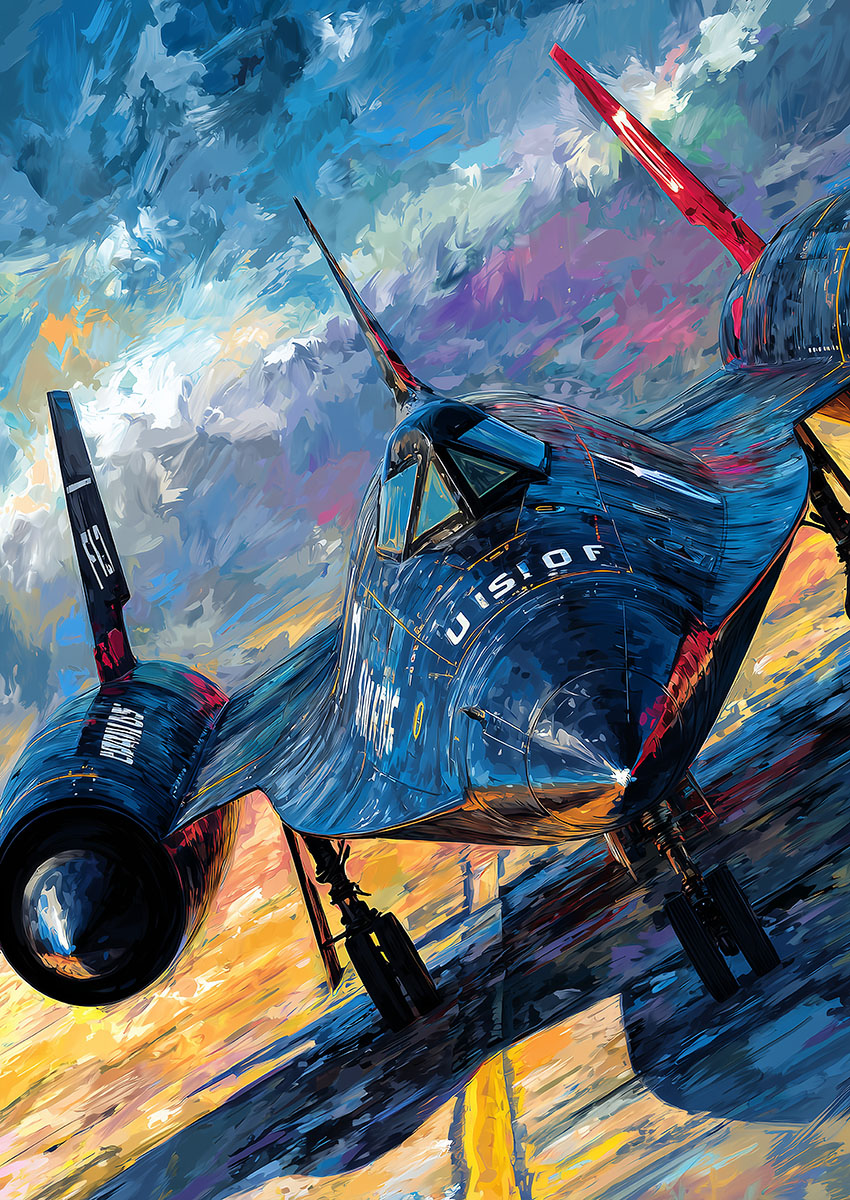 Dramatic artwork of a SR-71 Blackbird style aircraft on a runway at sunset.