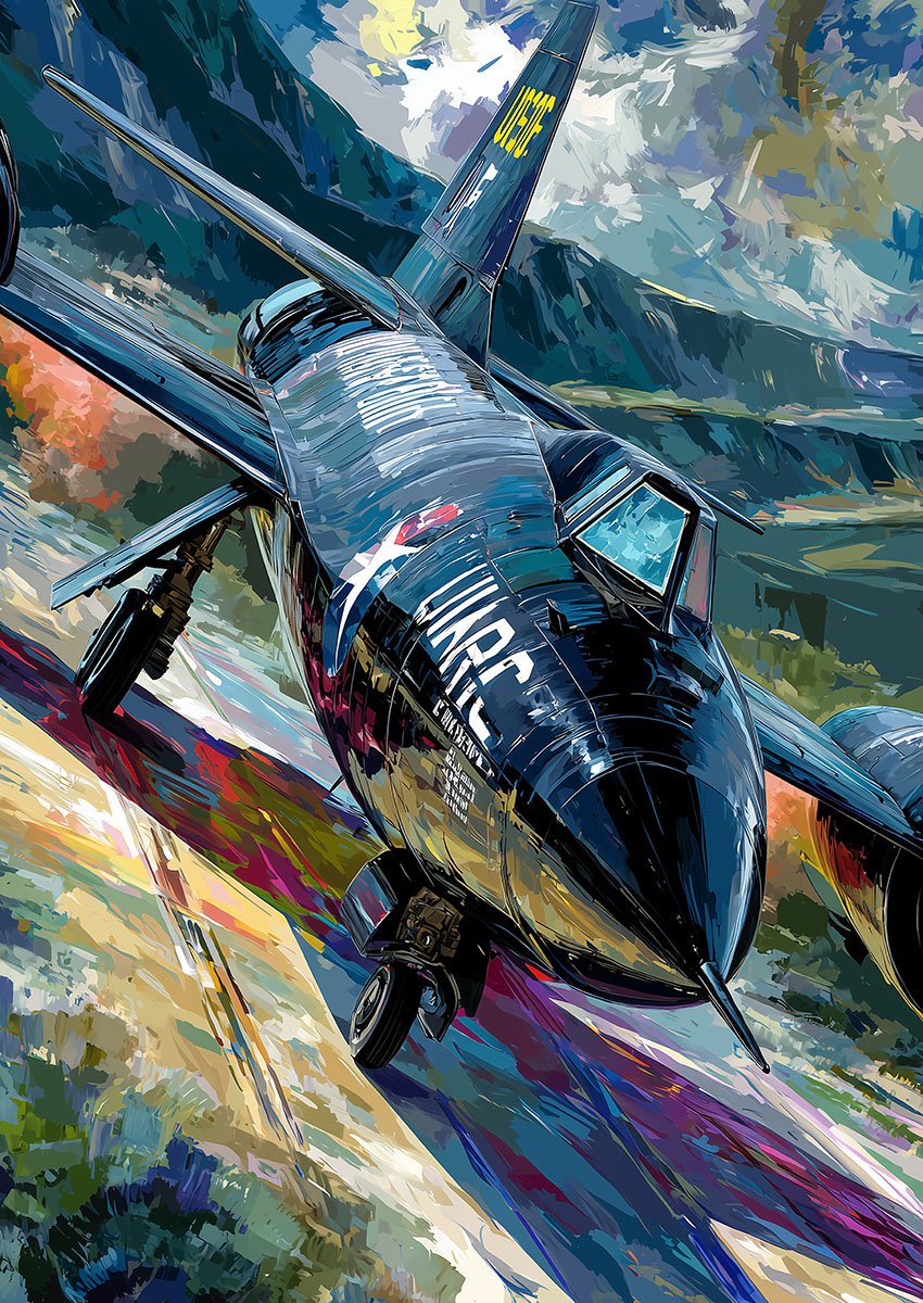 Dramatic artwork of an SR-71 Blackbird aircraft in a vibrant landscape