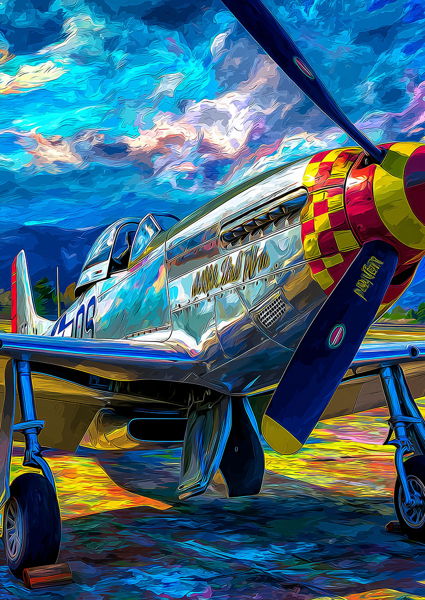 Dramatic artwork of a P-51 Mustang style aircraft on a vibrant background with colourful skies.