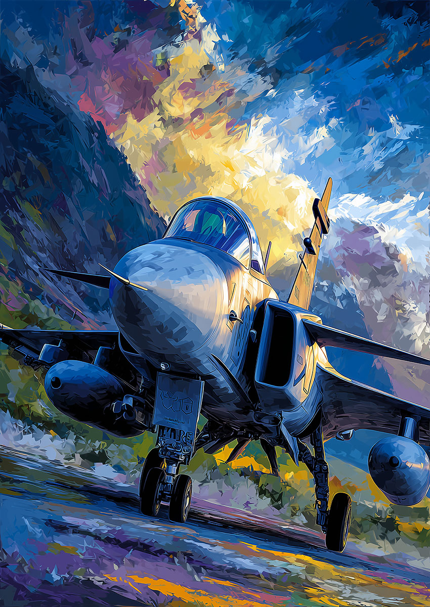 Dramatic artwork of a dark military jet aircraft on a vibrant runway with a colourful sky backdrop.