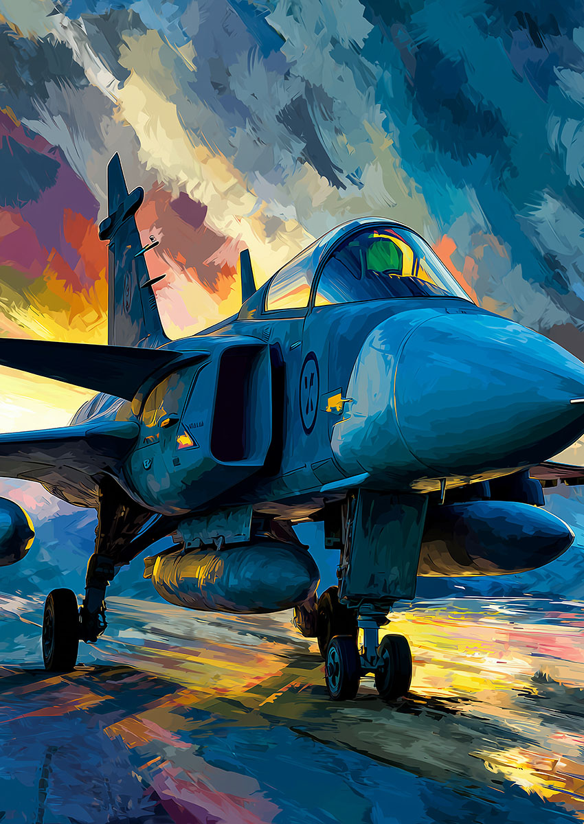 Dramatic artwork of a fighter jet style aircraft on a runway with colourful sunset sky.