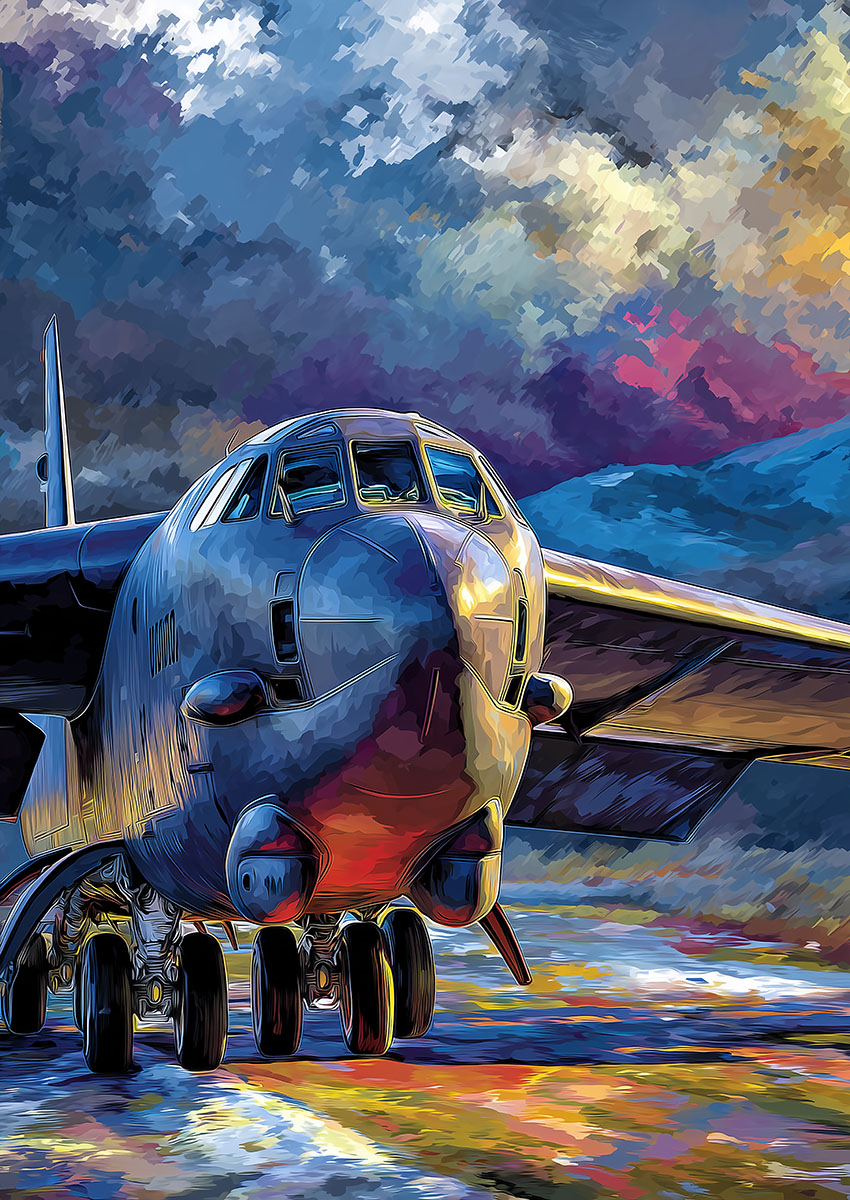 Dramatic artwork of a dark stealth aircraft positioned on a vibrant runway under a moody sky.