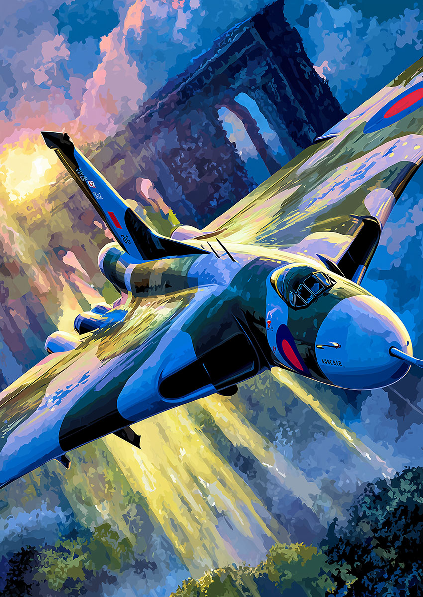 Dramatic artwork of a bright green military jet aircraft flying through a vibrant sky with sunlight beams behind.