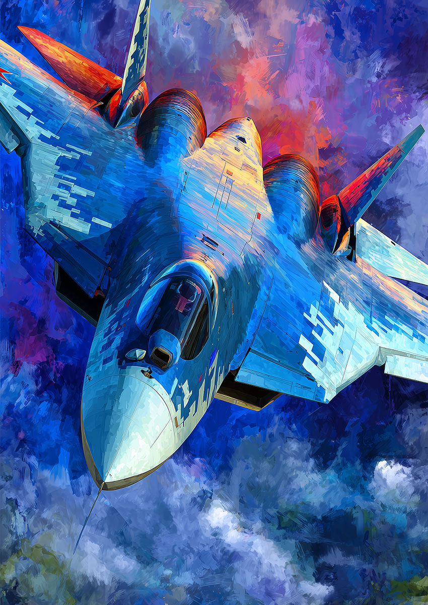 Dramatic artwork of a bright blue military jet aircraft soaring through a vibrant sky with dynamic clouds.