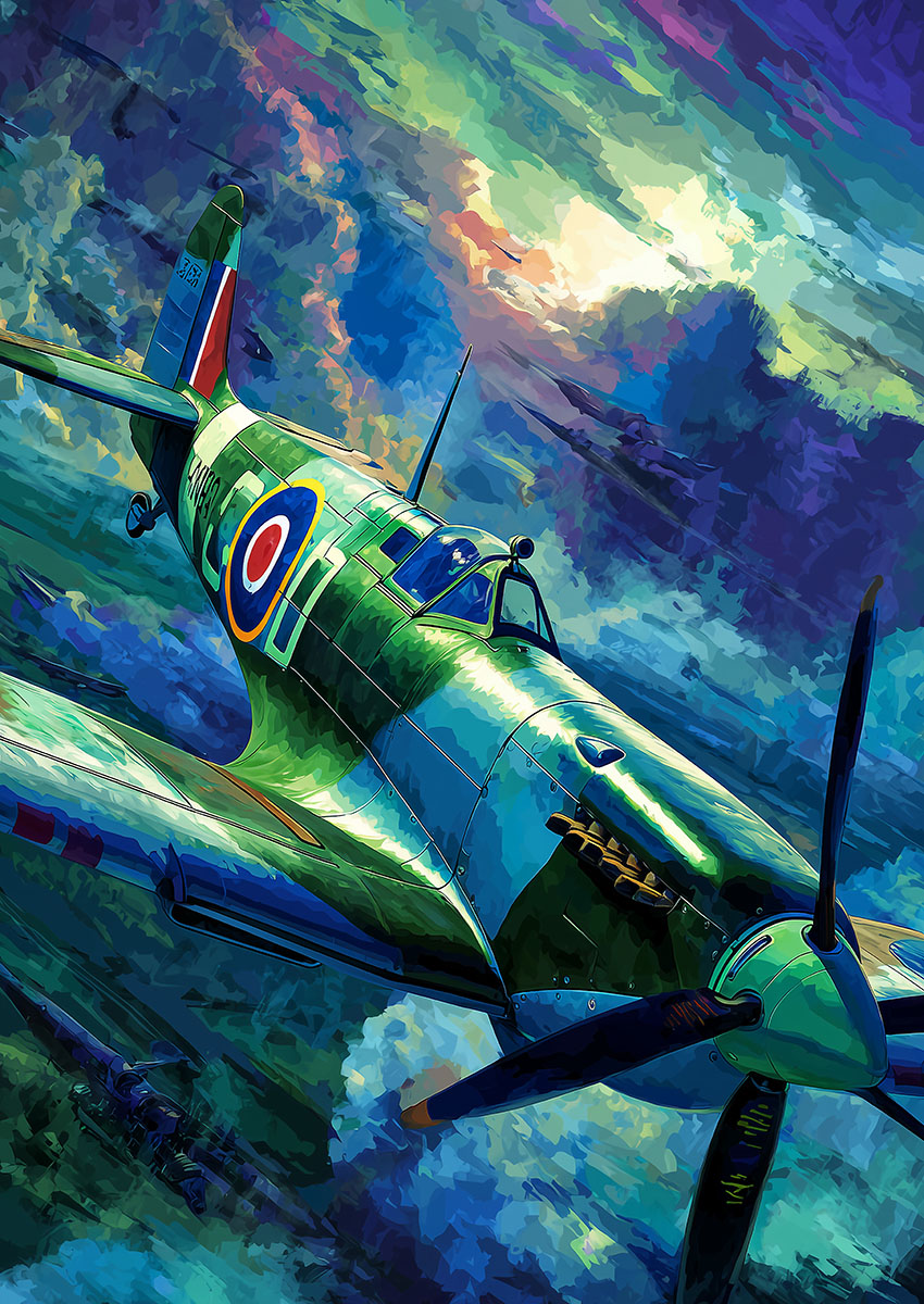 Dramatic artwork of a Supermarine Spitfire soaring through dynamic cloud formations.