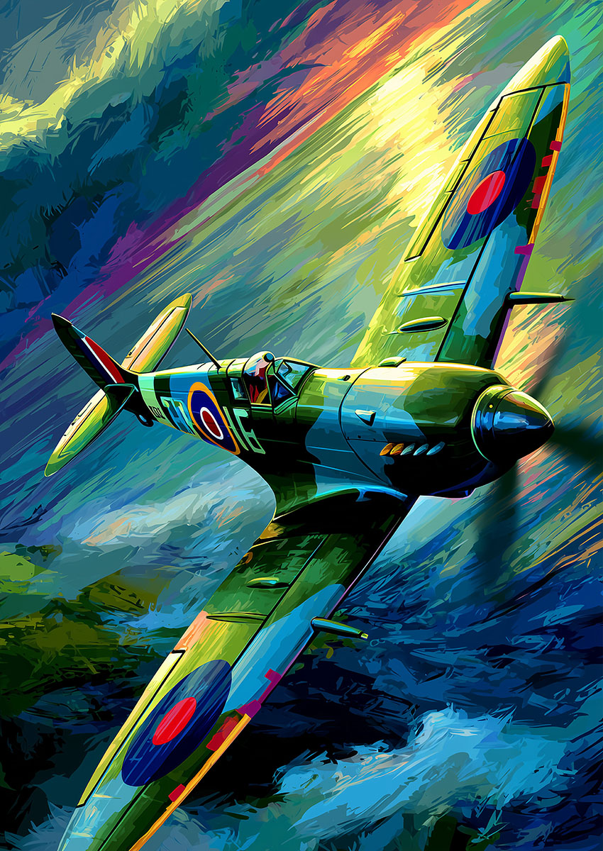 Dramatic artwork of a Spitfire style fighter aircraft soaring through a colourful sky.