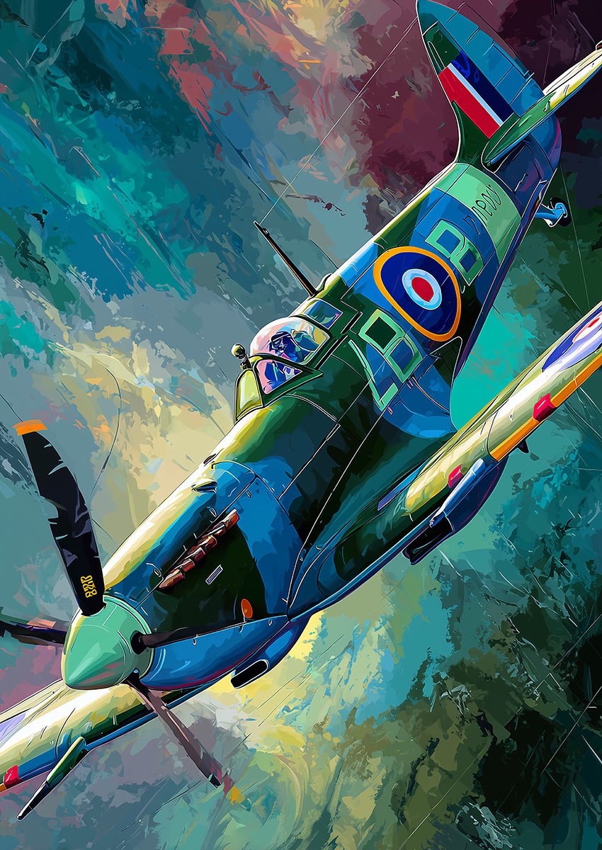 Dramatic artwork of a Spitfire style aircraft soaring through a colourful sky.