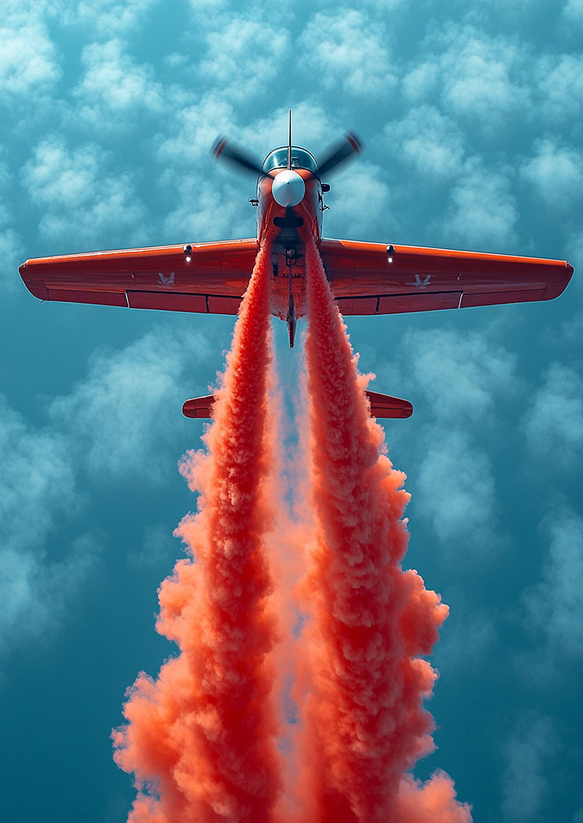 Dramatic artwork of a bright orange military jet aircraft flying through smoke clouds in a clear blue sky.