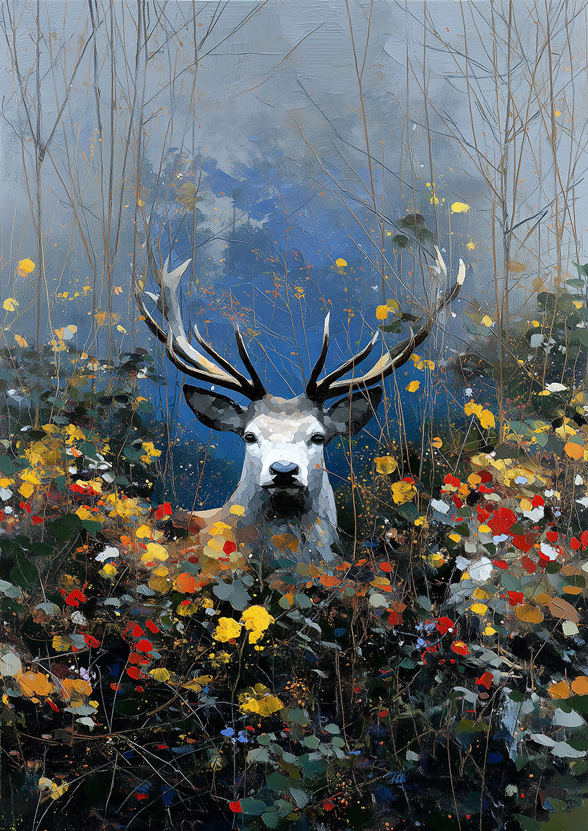 Stylised White Stag in Floral Surroundings Canvas Print & Poster Wall Art - AI PRINT LAB