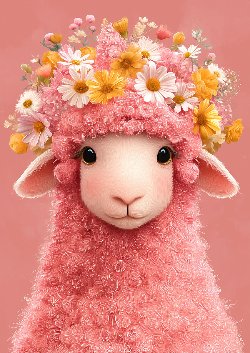 Bright Pink Sheep with Floral Crown Canvas Print & Poster Wall Art - AI PRINT LAB
