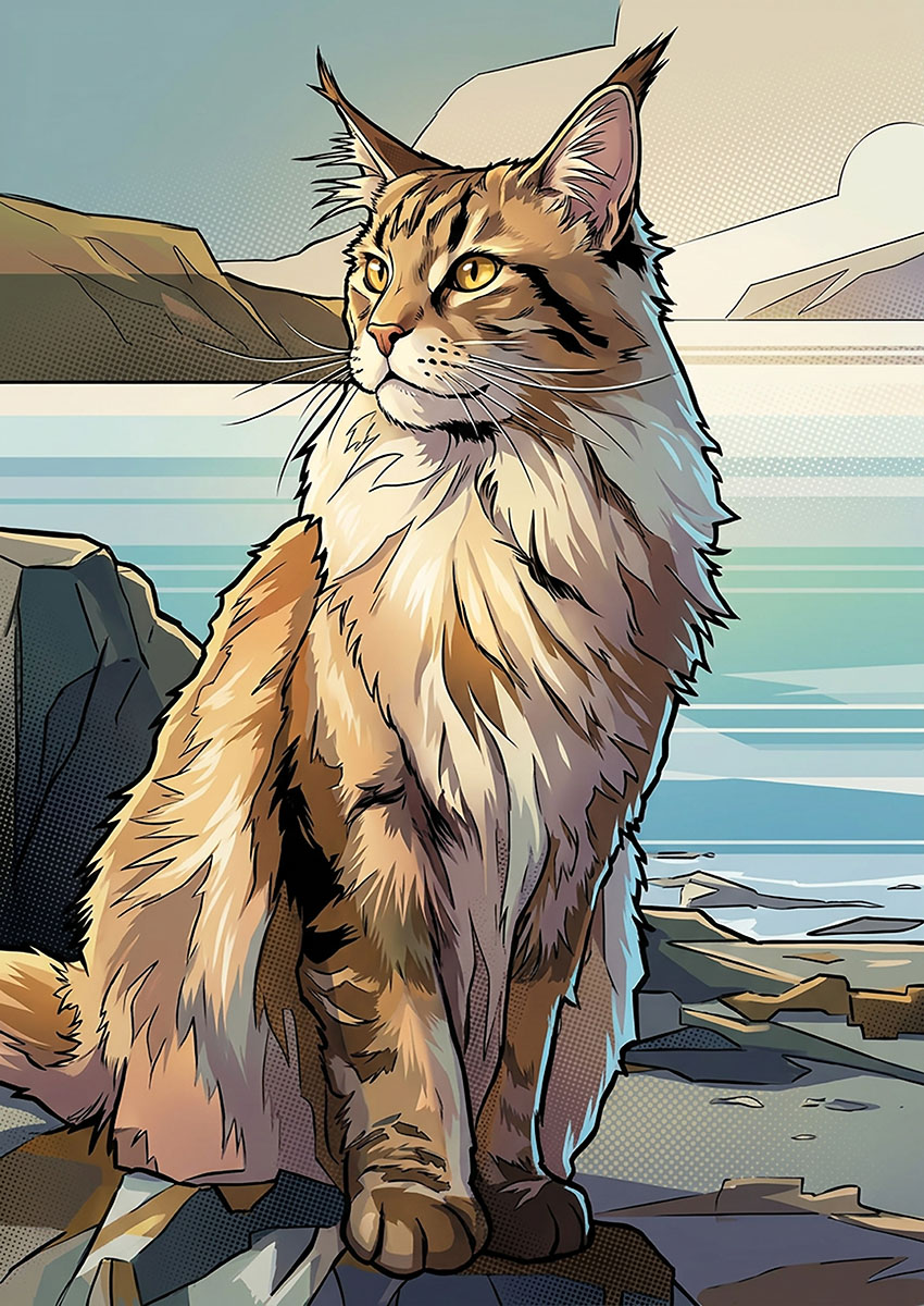 Detailed comic-style illustration of a majestic Maine Coon cat sitting on rocky terrain by the coast