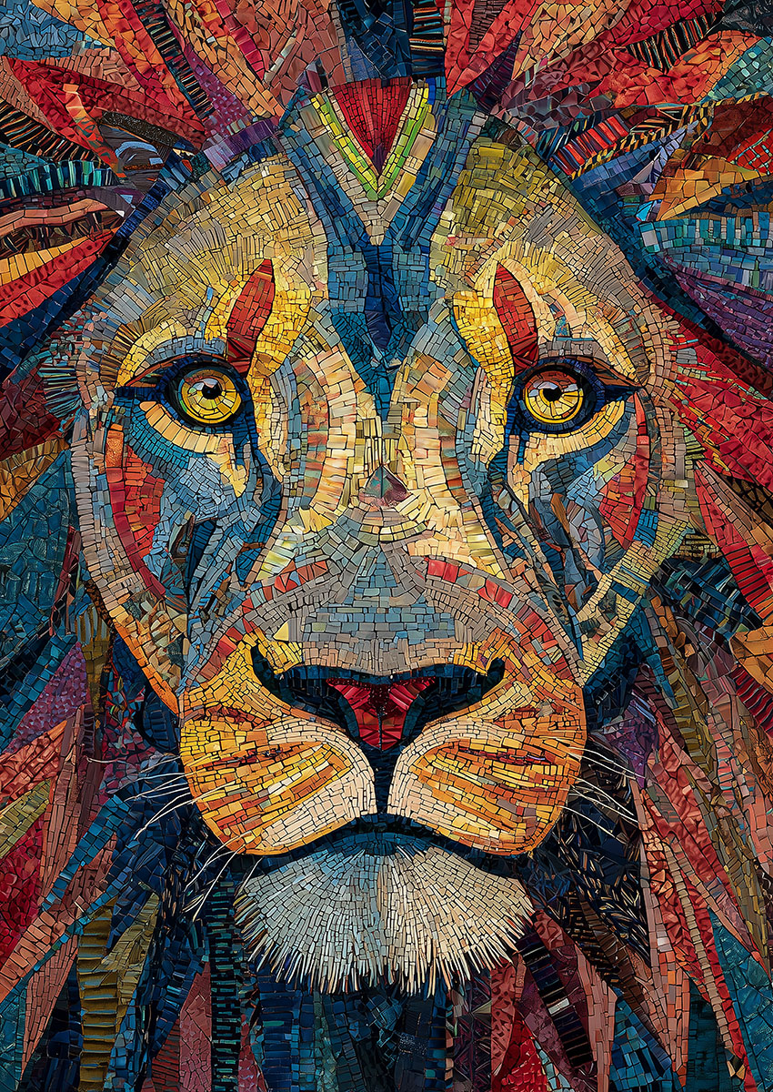 A detailed mosaic style portrait of a lion with vibrant, multi-coloured tile patterns and intense golden eyes