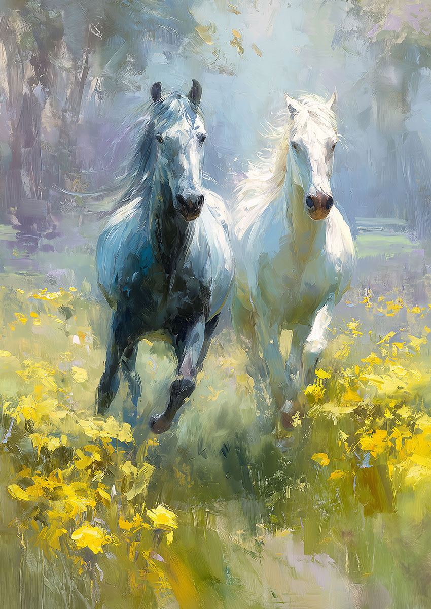 Impressionist painting of a white and grey horse galloping through a bright yellow flower meadow