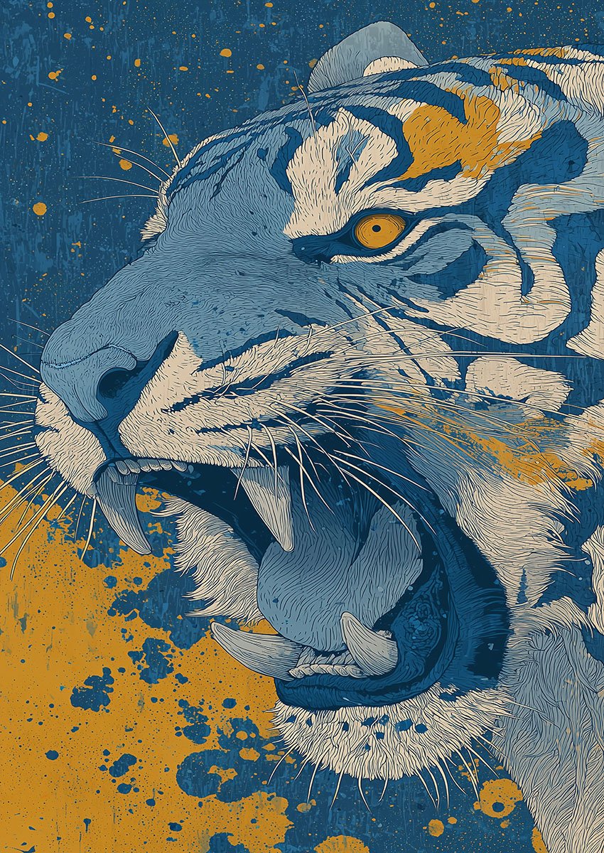 Stylised graphic artwork of a roaring Bengal tiger with blue and orange paint splatter details