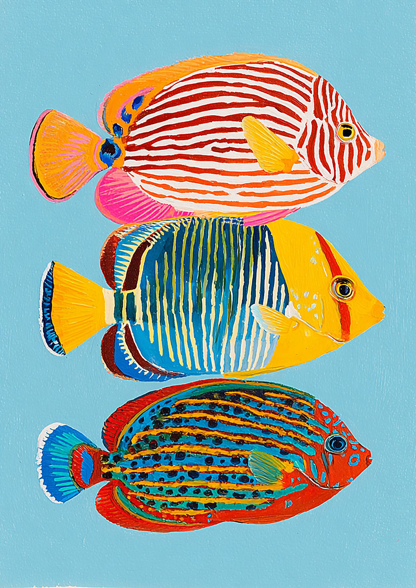 Three colourful tropical fish in vibrant stripes and dots against a solid light blue background