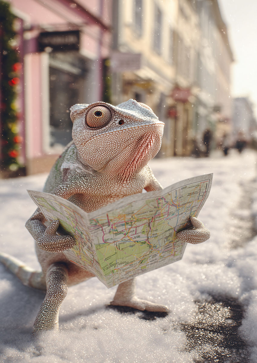 A textured chameleon standing on a snowy path looking at a colourful paper map