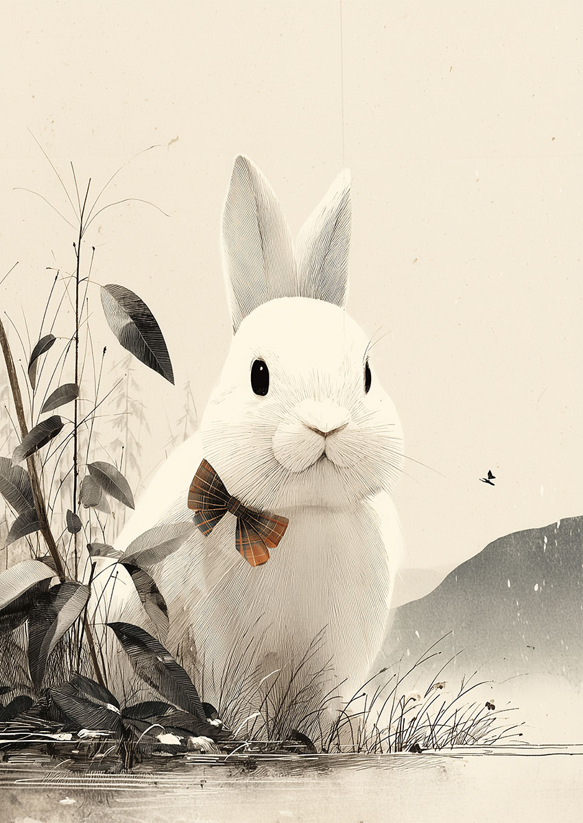 A whimsical illustration of a white rabbit wearing a tartan bow tie set against a soft, muted background