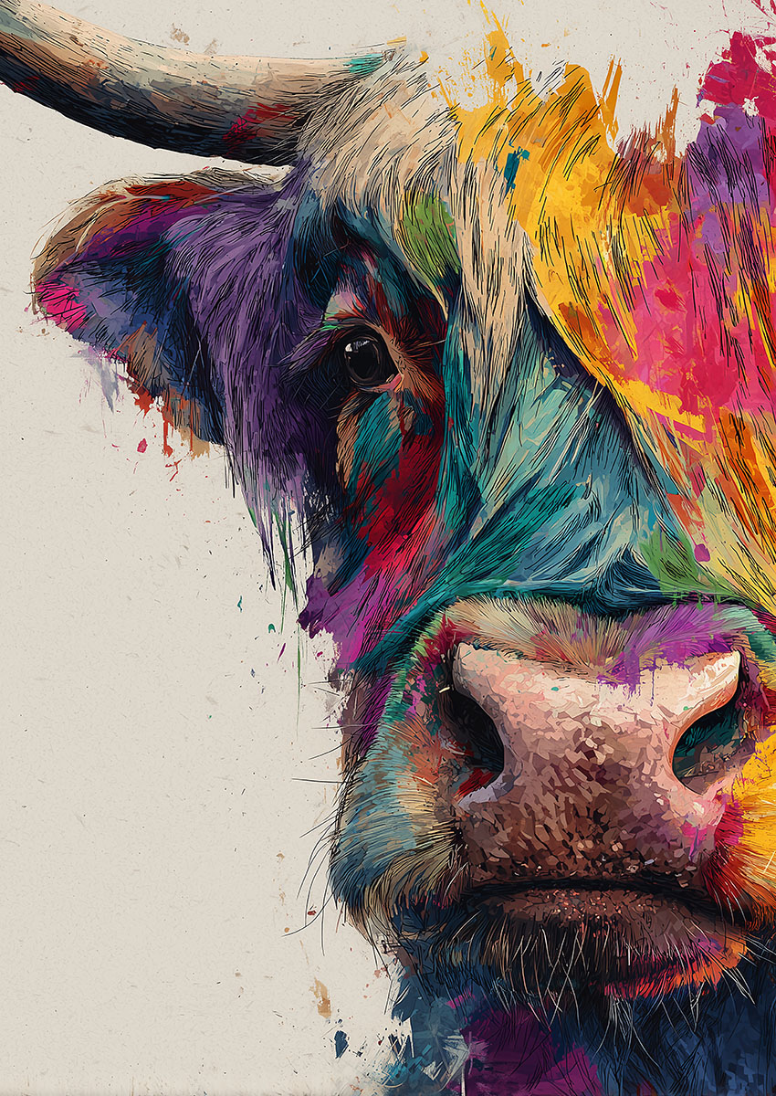 Close up portrait of a Highland Cow rendered in vibrant abstract paint splatter style