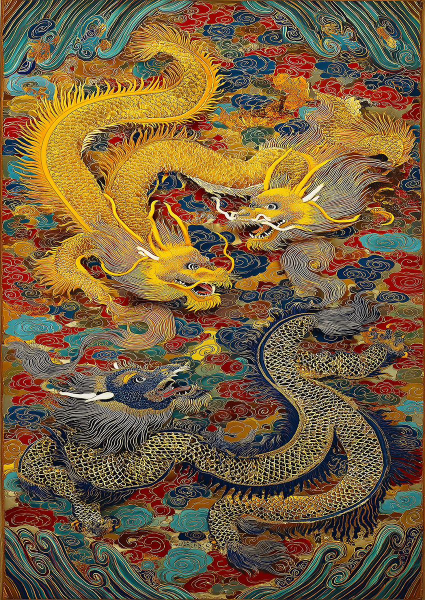 Intricate traditional Chinese dragon artwork featuring two dragons in a vibrant, stylised cloud setting