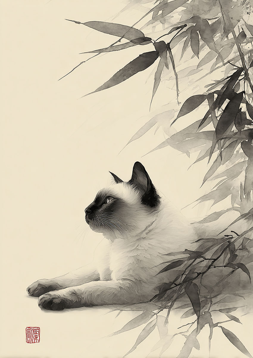 A Siamese cat resting under bamboo in an elegant monochrome ink wash painting style