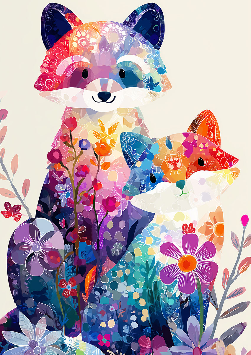 Vibrant and colourful artistic illustration of a raccoon and a fox surrounded by stylized flowers