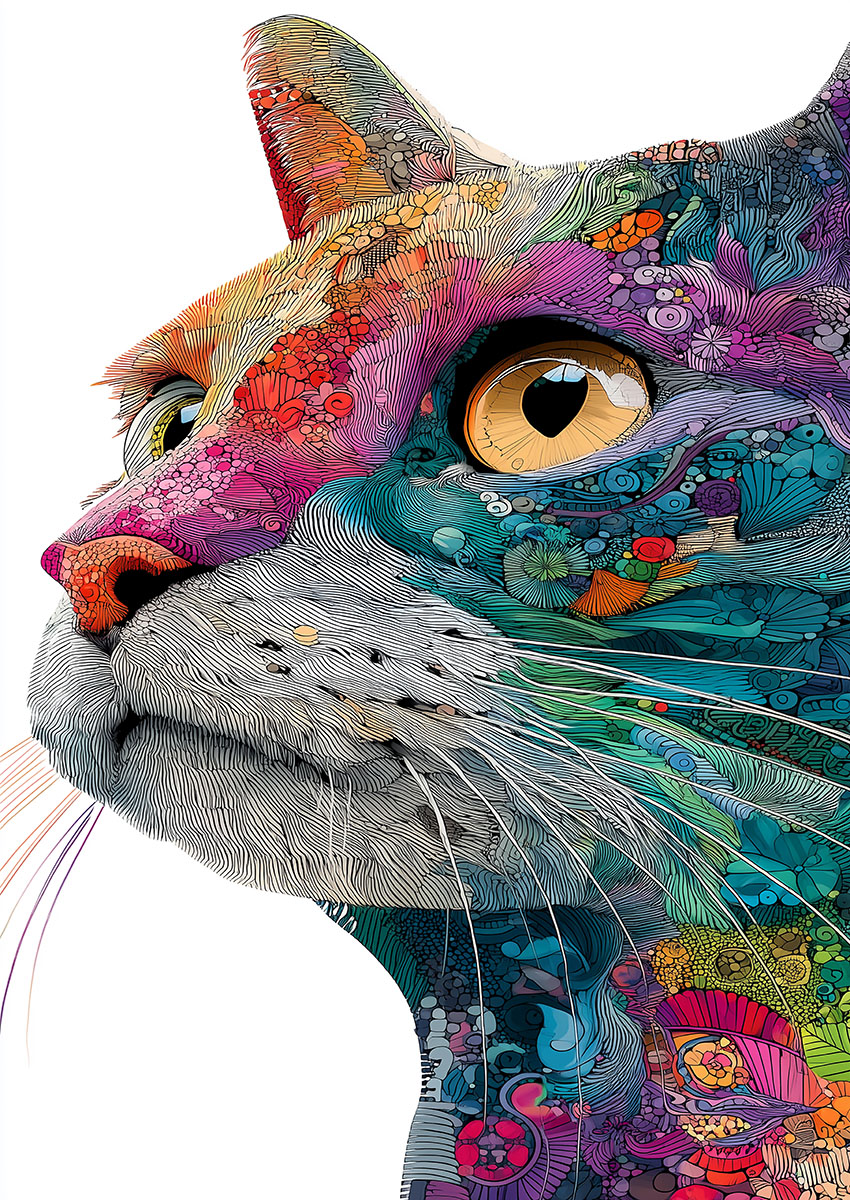 Close up of an abstract cat face with colourful psychedelic patterns and intricate detail against a clean white background