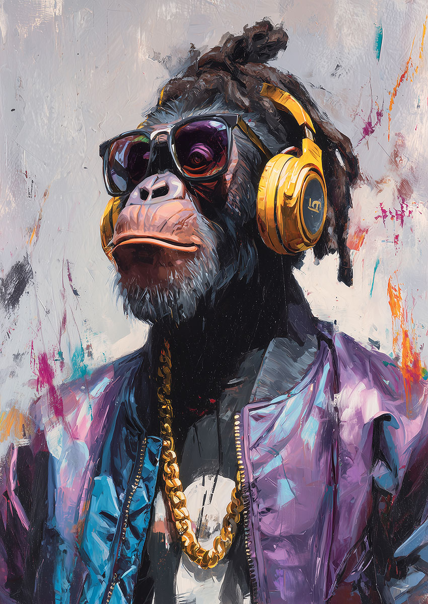 Portrait of a stylish chimpanzee wearing gold headphones and a purple jacket in a modern painted art style