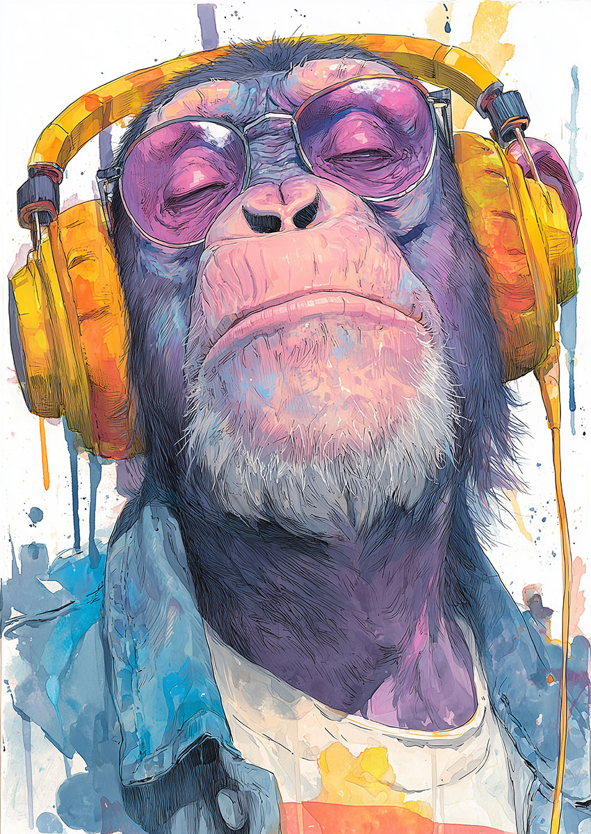 Chimpanzee Listening to Music Canvas Print & Poster Wall Art - AI PRINT LAB