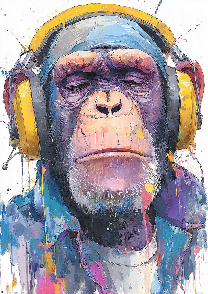 Vibrant watercolour style artwork of a chimpanzee wearing large yellow headphones