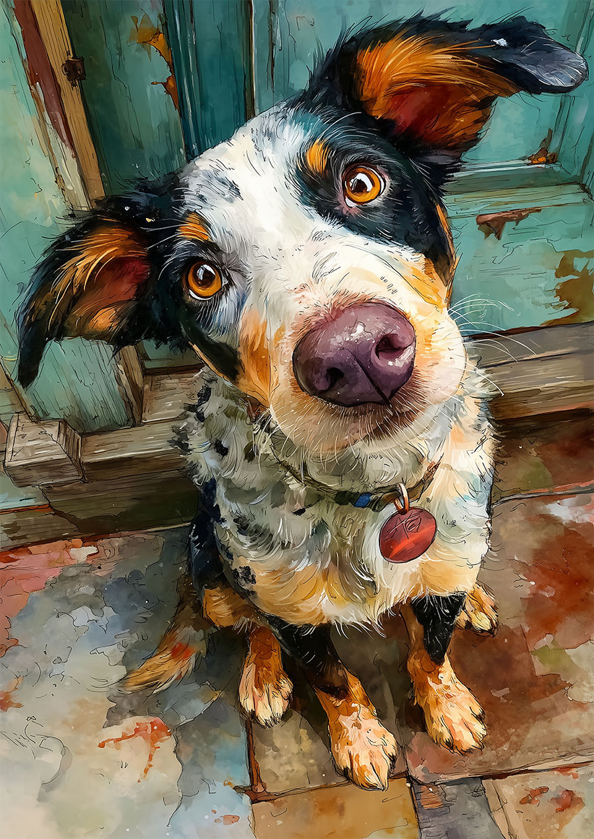 A vibrant artistic portrait of an Australian Cattle Dog with a curious expression, sitting near a weathered door