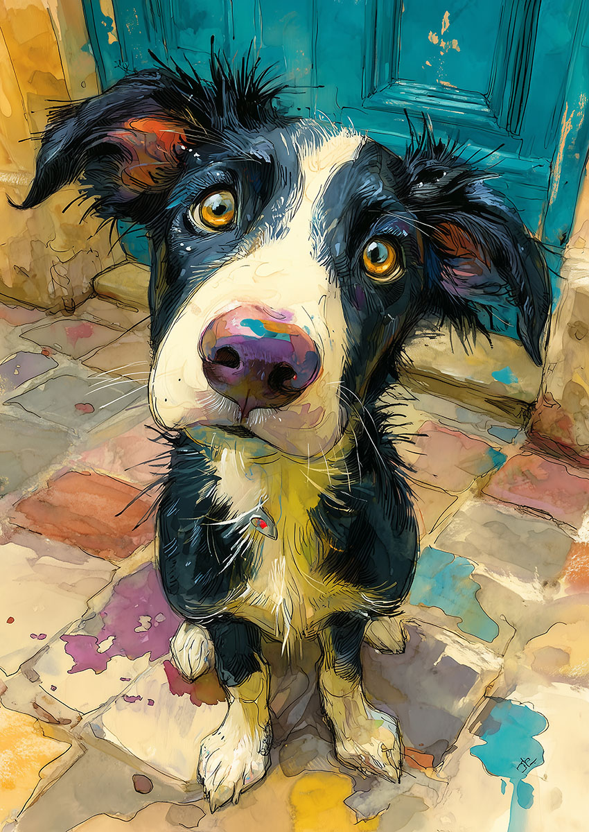 Artistic portrait of a Border Collie with expressive eyes sitting on a paved patio in front of a blue door