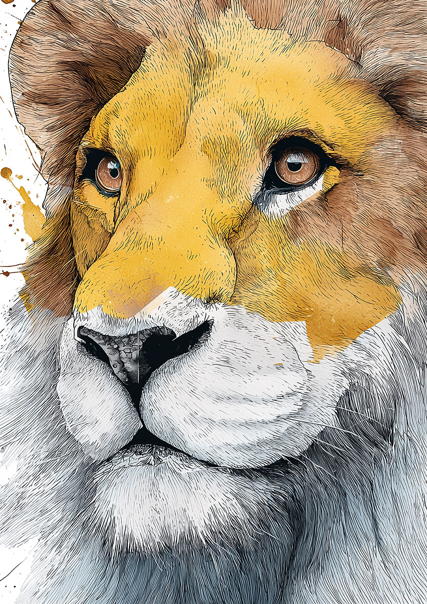 Close up artistic portrait of an African lion with detailed fur texture and striking golden tones