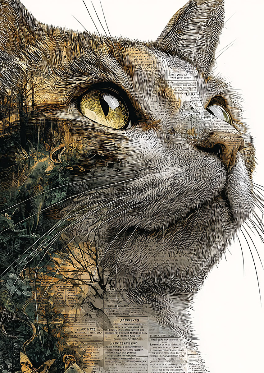 Close-up portrait of a tabby cat featuring artistic textured overlays and a contemplative gaze