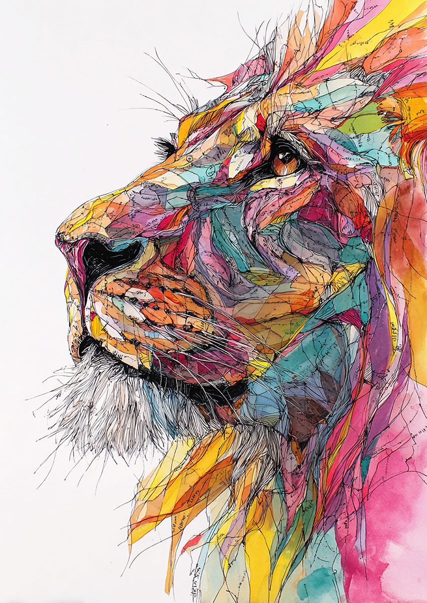 Vibrant abstract illustration of an African Lion profile, showcasing intricate linework and a multicoloured palette.