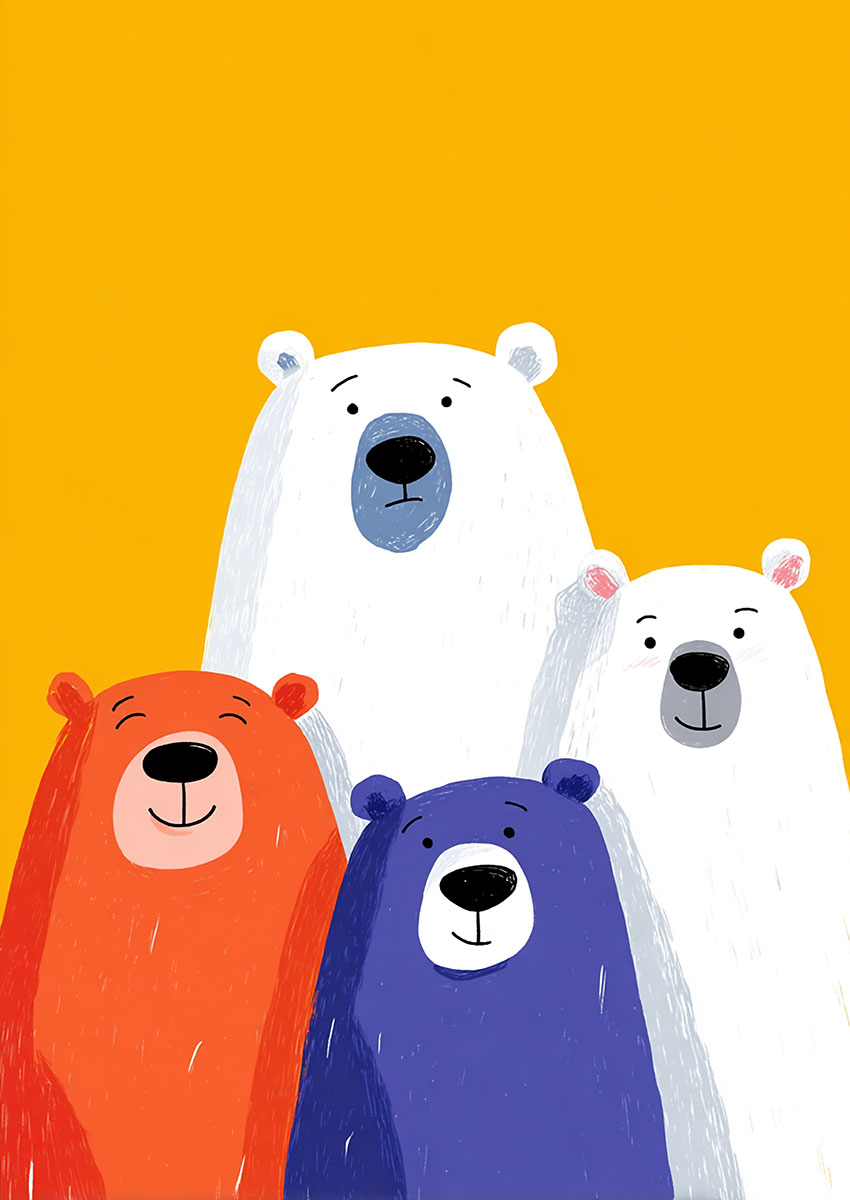 Illustrated group of cute colourful bears on a solid yellow background