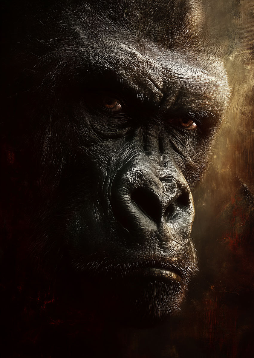 Close up portrait of a silverback gorilla with intense eyes and detailed fur texture in dramatic lighting